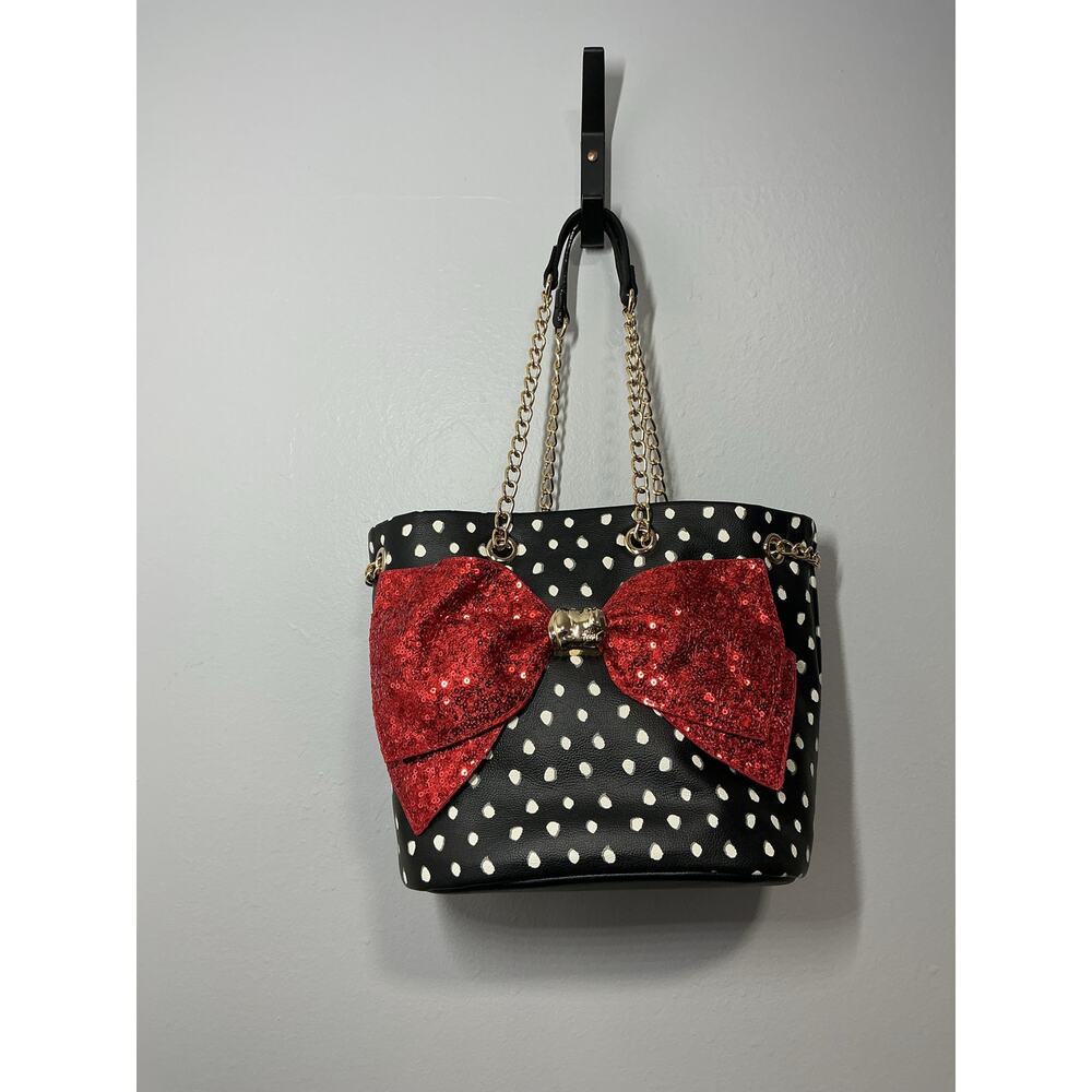 XOXO Betsey Johnson Bucket Bag Black White Polka Dot Big Red Sequin Bow W/ bag